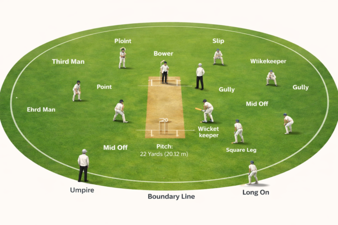 क्रिकेट के नियम cricket field diagram with pitch wickets and player positions explained for beginners