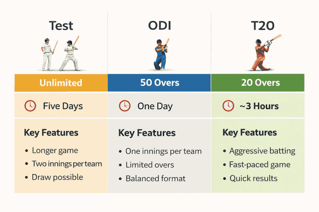 क्रिकेट के फ़ॉर्मेट cricket formats comparison infographic test odi t20 overs duration features explained