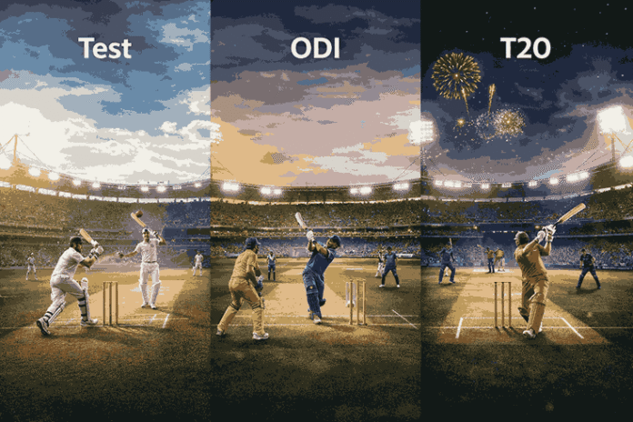 cricket ke formats test odi t20 stadium comparison image with different playing styles