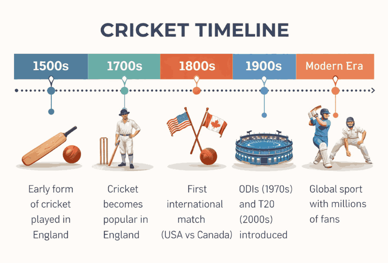 क्रिकेट की शुरुआत कब cricket history timeline 1500s se modern era tak infographic with bat ball stadium icons