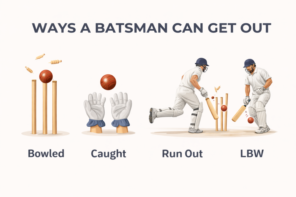 क्रिकेट के नियम cricket me batsman out hone ke tarike bowled caught run out lbw infographic