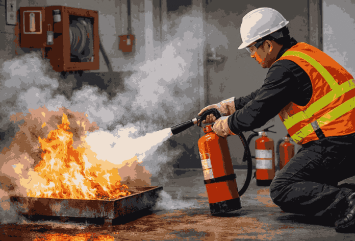 Person using fire extinguisher to control fire in safety training environment