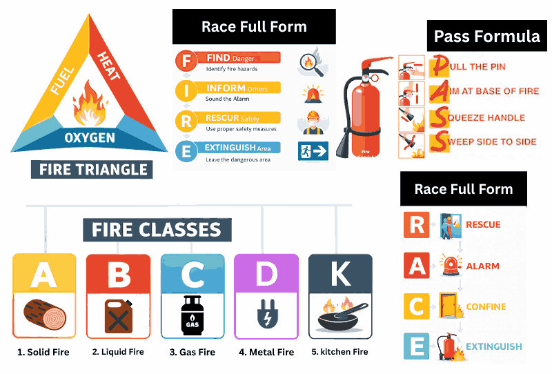 आग क्या है? Fire triangle, fire classes A B C D K and PASS method infographic